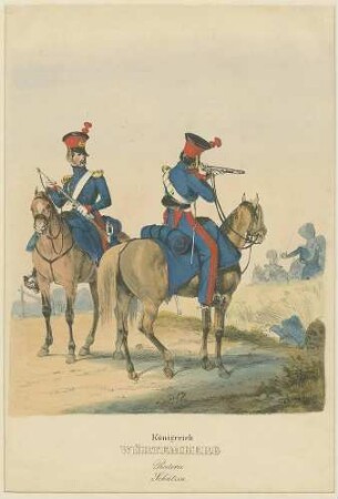 Zwei Schützen vom Reiter-Regiment Nr. 3 in Uniform, Mütze mit Ausrüstung zu Pferd, einer Gewehr ladend, der andere schiessend
