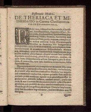 Dissertatio Medica De Theriaca Et Mithridatio in Corona Clarissimorum Virorum memoriter recitata
