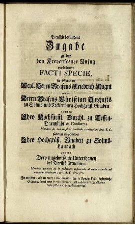 Dienlich befundene Zugabe zu der den Freyenseener Unfug vorstellenden Facti Specie, ...