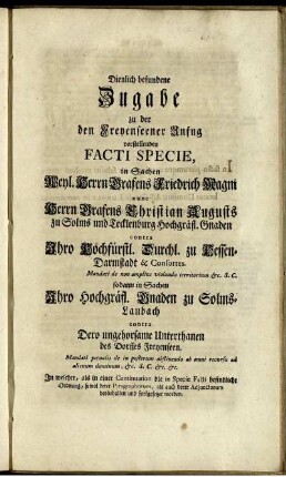 Dienlich befundene Zugabe zu der den Freyenseener Unfug vorstellenden Facti Specie, ...
