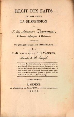 Recit des faits qui ont amené la suspension de Chavannes ci-devant Suffragent à Aubonne ...