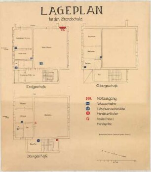 Botanischer Garten und Botanisches Institut der Universität Greifswald: Anbau mit großem Hörsaal: Lageplan für den Brandschutz, Erd-, Ober- und Dachgeschoß