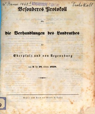 Besonderes Protokoll über die Verhandlungen des Landrathes der Oberpfalz und von Regensburg. 1848