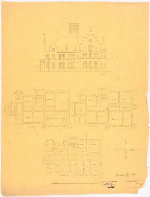Schloss Liebenow bei Dühringshof: Grundriss Souterrain, Grundriss Erdgeschoss, Grundriss 1.Obergeschoss, Aufriss Westseite, Maßstabsleiste