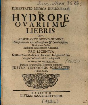 Dissertatio Medica Inauguralis De Hydrope Ovarii Muliebris
