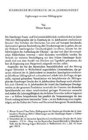 Hamburger Buchdruck im 16. Jarhhundert : Ergänzungen zu einer Bibliographie