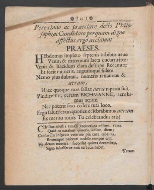 Pereximio ac praeclare docto Philosophiae Candidato perquam digno affectus ergo acclamat Praeses