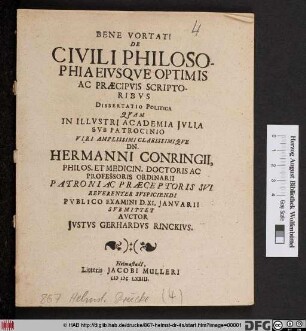 De Civili Philosophia Eiusque Optimis Ac Praecipuis Scriptoribus Dissertatio Politica