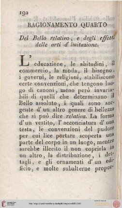 IV. Del Bello relativo, e degli effetti delle arti d'imitazione