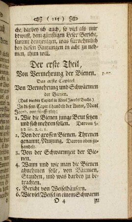 Das erste Capitel. Von Vermehrung und Schwärmen der Bienen