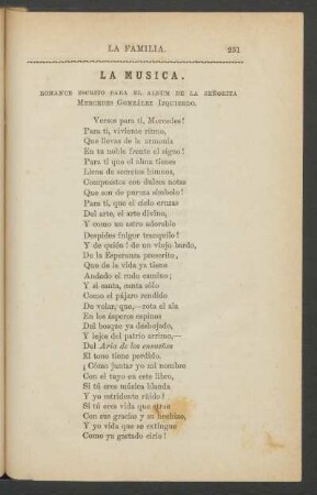 La música. : Romance escrito para el albúm de la Señorita Mercedes González Izquierdo.