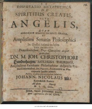 Disputatio Metaphysica De Spiritibus Creatis, Puta Angelis