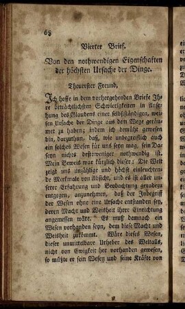 Vierter Brief. Von den nothwendigen Eigenschaften der höchsten Ursache der Dinge.