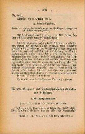 E. Der Religions- und Kirchengesellschaften Aufnahme und Bestätigung