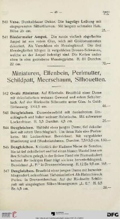 Miniaturen, Elfenbein, Perlmutter, Schildpatt, Meerschaum, Silhouetten (Nr. 542-614)