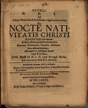 Ad actum oratorium scholasticum trigesimum tertium de nocte nativitatis Christi