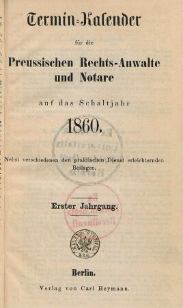 1.1860: Termin-Kalender für die preussischen Rechtsanwälte und Notare