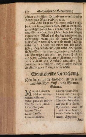 Siebenzehnde Betrachtung. Von denen unterschiedenen Arten in- und ausländischer Lust- und Blumen-Bäume