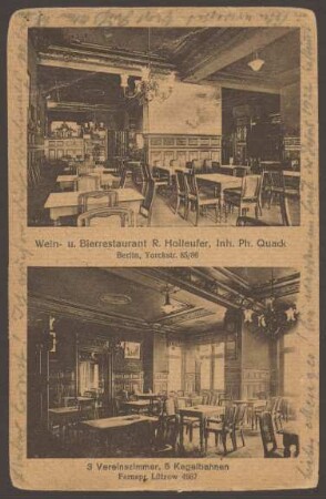 Ansichtskarte „Wein- und Bierrestaurant R. Holleufer“, Yorckstraße 85-86