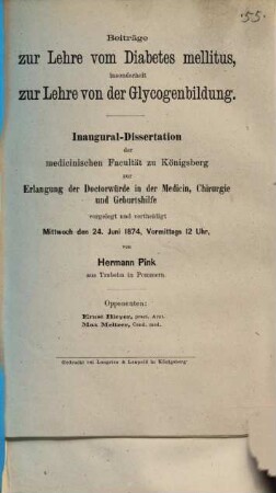 Beiträge zur Lehre vom Diabetes mellitus, insonderheit zur Lehre von der Glycogenbildung : Inaug. Diss.