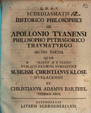 Schediasma Historico Philosophicvm De Apollonio Tyanensi Philosopho Pythagorico Thavmatvrgo ..., Sectio Tertia