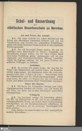 Schul- und Hausordnung der städtischen Beamtenschule zu Nerchau
