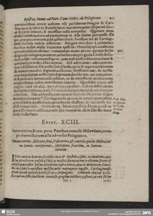 Epist. XCIII. Innocentius, Rom. pont. Patribus concilii Milevitani, comprobans illorum acta adversus Pelagianos