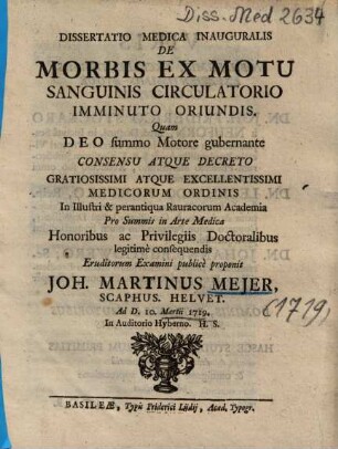 Dissertatio Medica Inauguralis De Morbis Ex Motu Sanguinis Circulatorio Imminuto Oriundis