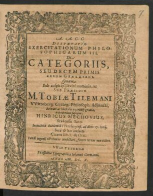 Disputatio Exercitationum Philosophicarum III. De Categoriis, Seu Decem Primis Rerum Generibus