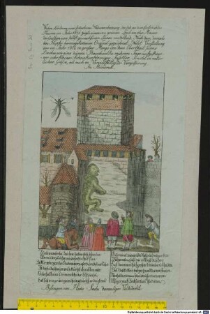 Wahre Abbildung einer sonderbaren Naturerscheinung, die sich an dem fünfekichten Thurm im Jahr 1631. zeigte: einen von grünen Laub an der Mauer derselben von selbst gewachsenen Löwen vorstellend. : Nach dem damals im Kupfer herausgeko[mm]enen Original gezeichnet. Nebst Vorstellung der im Jahr 1812 in großer Menge von dem Obertheil seines Daches wie eine dünne Rauchwolke mehrere Tage aufgestiegener sehr kleiner Schnakenförmiger Insekten. Sowohl in natürlicher Größe, als auch in Vervielfältigter Vergrößerung. In Steindruk.