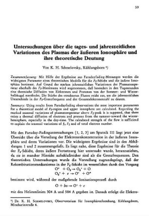 Untersuchungen über die tages- und jahreszeitlichen Variationen des Plasmas der äußeren Ionosphäre und ihre theoretische Deutung