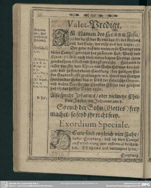 Valet-Predigt : [Eingang]. [Textus]. Exordium Speciale. Tractatio
