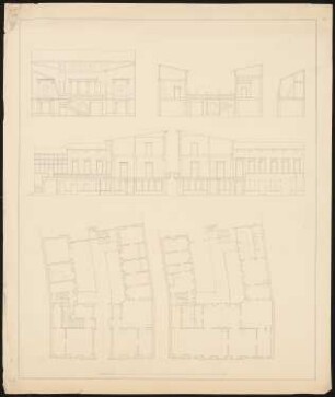 Dreigeschossiges Wohnhaus mit siebenachsiger Straßenfront mit Mittelrisalit: Grundriss Erd- und Obergeschoss, Schnitte