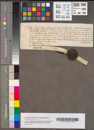Beloften van Willem, Grave van Heinegouwen, om Heer Diederik van Brederode, Heer van Voshol, Ridder, schadeloos te houden van borgtochten. Bemerkung: Reihenfolge Nr. 5 - 8 von Hand geändert.: 3 Augustus 1345. Perkament met 1 uithangend zegel.