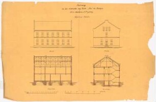 Grube Ilse (Kunheim & Co.), Großräschen/Bückgen Verwaltungsgebäude: Ansicht von der Traufseite, Ansicht von der Giebelseite, Längsschnitt, Querschnitt