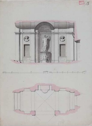 Treppenhalle eines unbekannten Gebäudes, Ansicht und Grundriss
