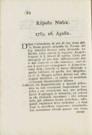 Risposta Nostra. 1789. 26. Agosto.