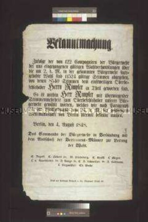 Maueranschlag: Bekanntmachung über die Wahl des Oberbefehlshabers der Bürgerwehr Rimpler; Berlin, 4. August 1848