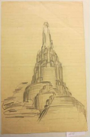 [Bismarckdenkmal mit Andeutung einer monumentalen Figur als Bekrönung]