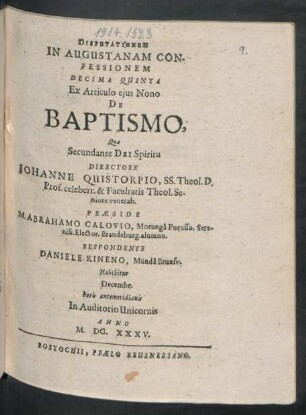 Disputationum In Augustanam Confessionem Decima Quinta Ex Articulo eius Nono De Baptismo