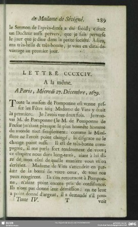 Lettre CCCXCIV. A la même. A Paris, Mécredi 27. Décembre, 1679