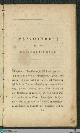 Ehe-Ordnung für das Großherzogthum Baden