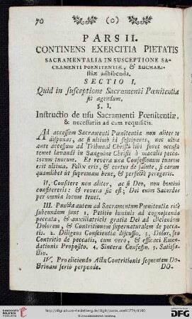 Pars II: Continens Exercitia Pietatis Sacramentalia, in susceptione Sacramenti Poenitentiae & Eucharistiae adhibenda