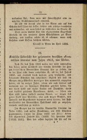 III. Kritische Uebersicht der gesammten deutschen okonomischen Literatur vom Jahre 1833