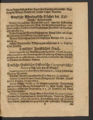 Teutsche Politische/ Historische/ Geographische/ Philosophische und Kunst-Bücher.