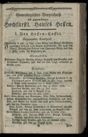 Genealogisches Verzeichniß des gegenwaertigen Hochfuerstl. Hauses Hessen