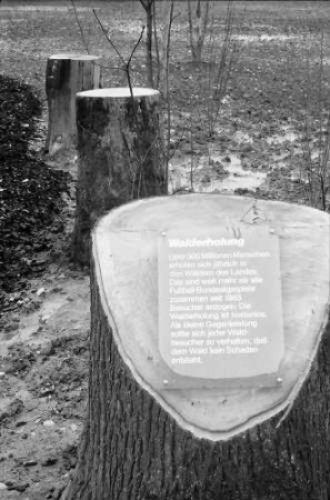 Lörrach: Landesgartenschau, Eröffnung; Schild: Walderholung mit abgesägten Baumstümpfen
