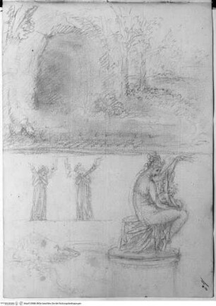 Skizzenbuch, Oben: Landschaftsstudie; Mitte links: zwei fackeltragende Genien (Entwürfe für das Wiener Christinengrabmal); unten links: Detailstudie zum Possagneser Altarbild; unten rechts: Entwurf zu einer Gruppe mit Venus und Amor