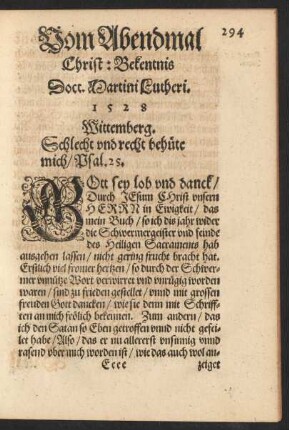 Vom Abendmal Christ: Bekentnis Doct. Martini Lutheri. 1528 Wittemberg.