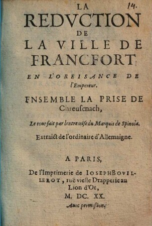 La réduction de la ville de Francfort en l'obeisance de l'Empereur